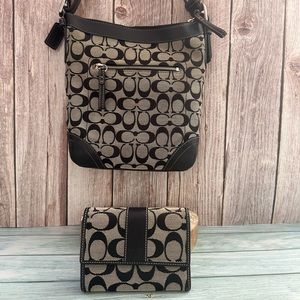 👜 COACH Shoulder Bag & Wallet Set Canvas Leather Black/Grey 👜